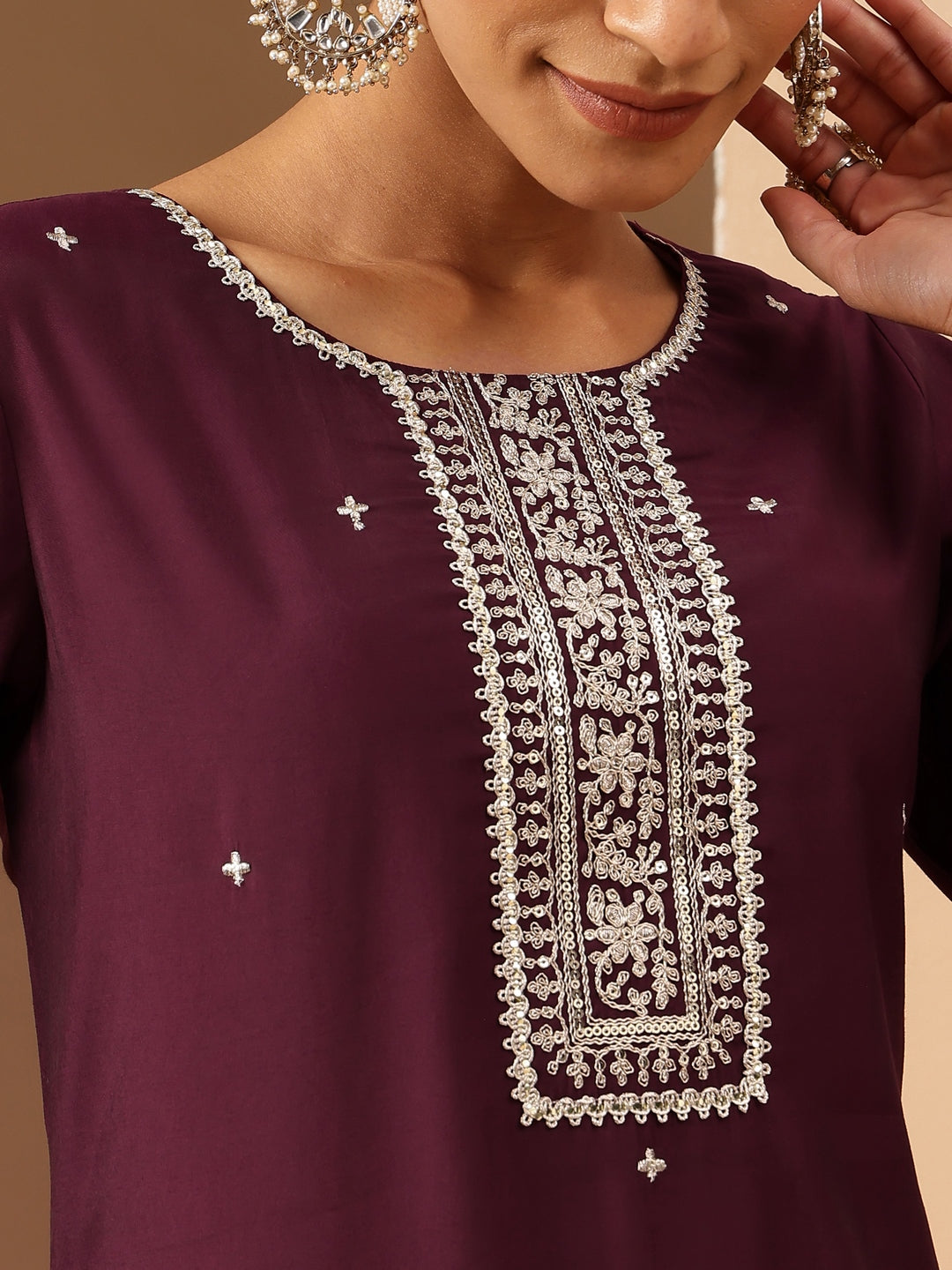 Janasya Women's Wine Chanderi Silk Embroidered Straight Kurta