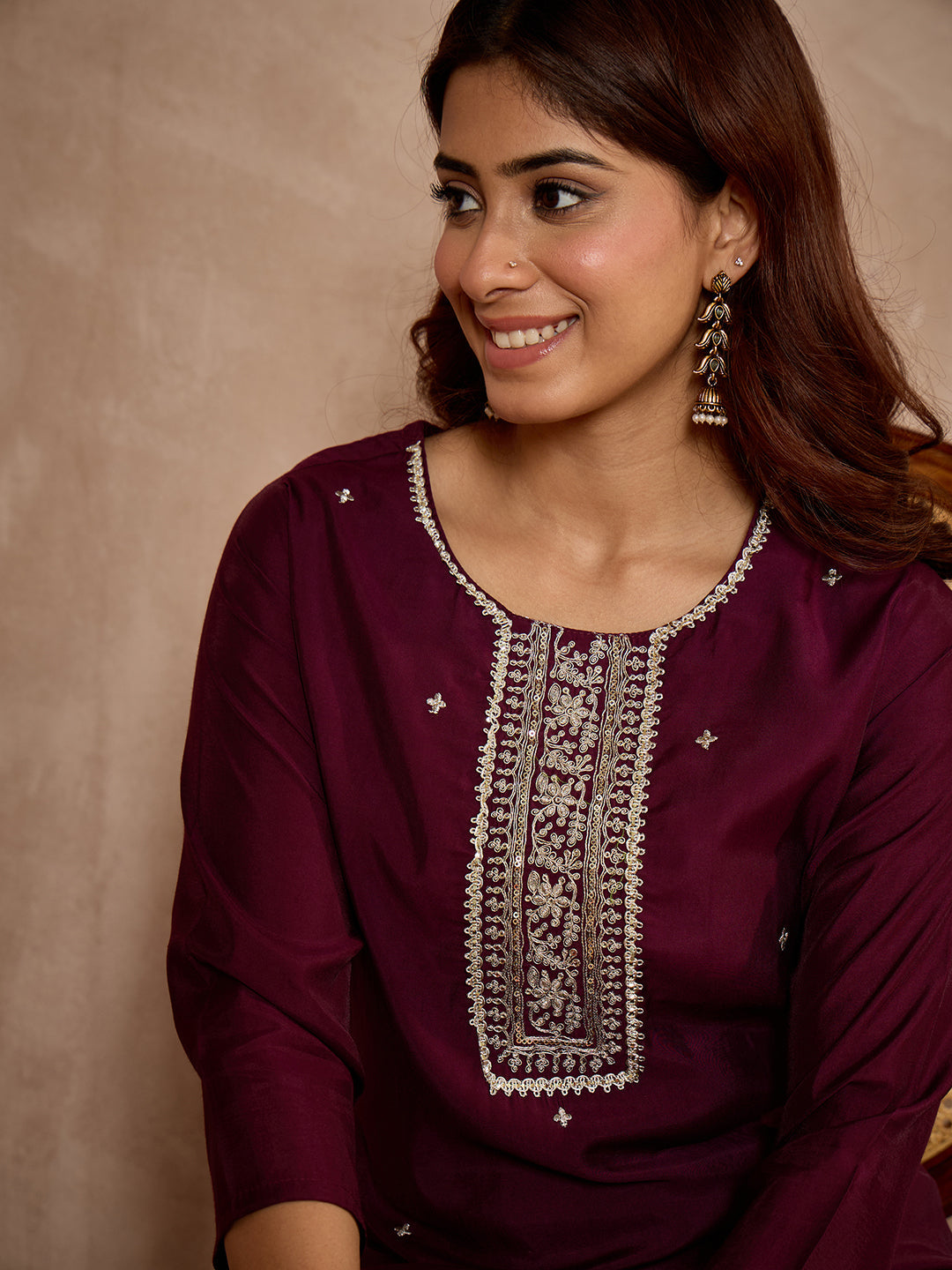 Janasya Women's Wine Chanderi Silk Embroidered Straight Kurta