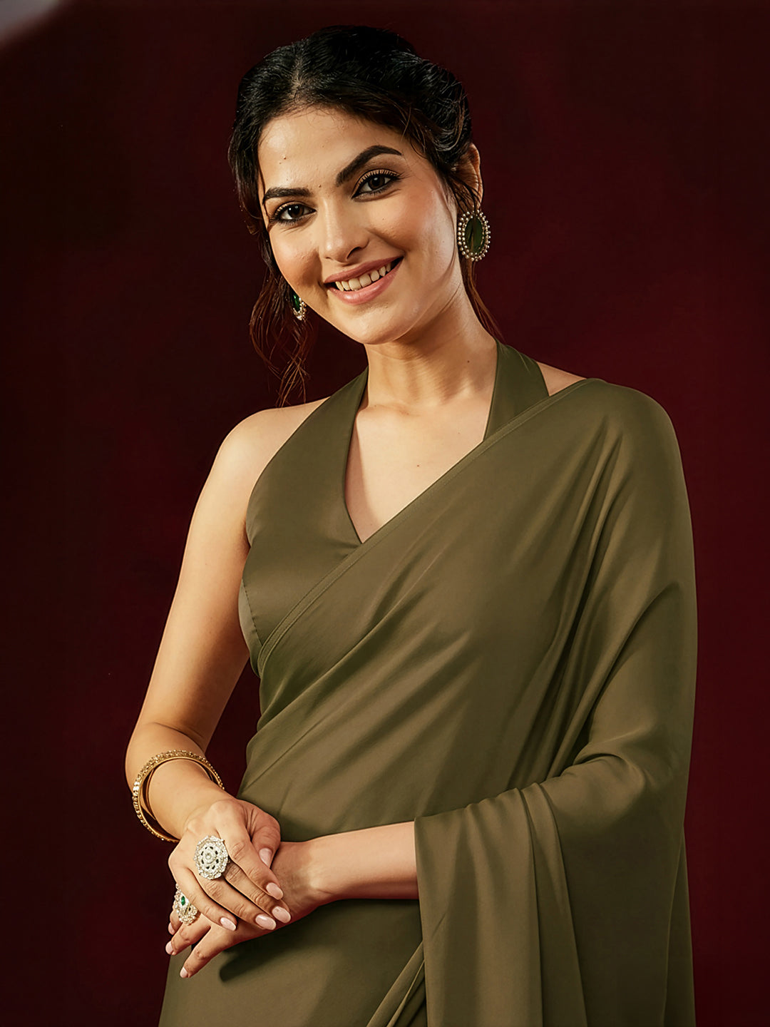 Janasya Women's Olive Satin One-Minute Ready-to-Wear Saree with Unstitched Blouse