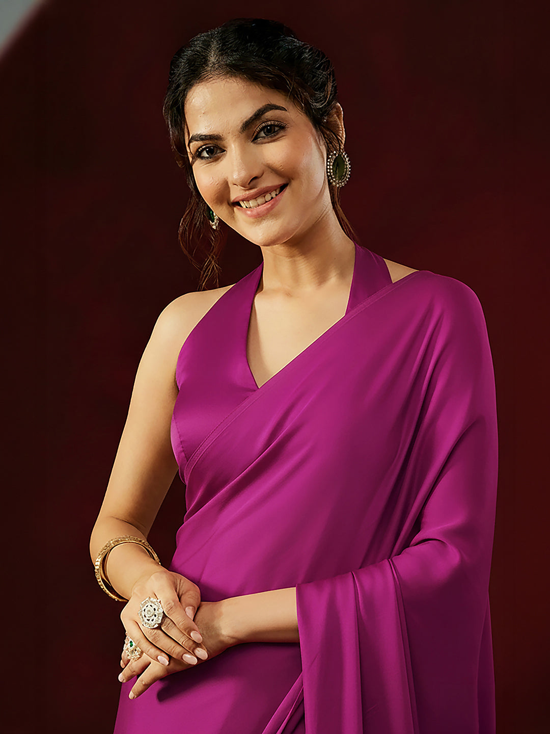 Janasya Women's Turquoise Satin One-Minute Ready-to-Wear Solid Saree with Unstitched Blouse