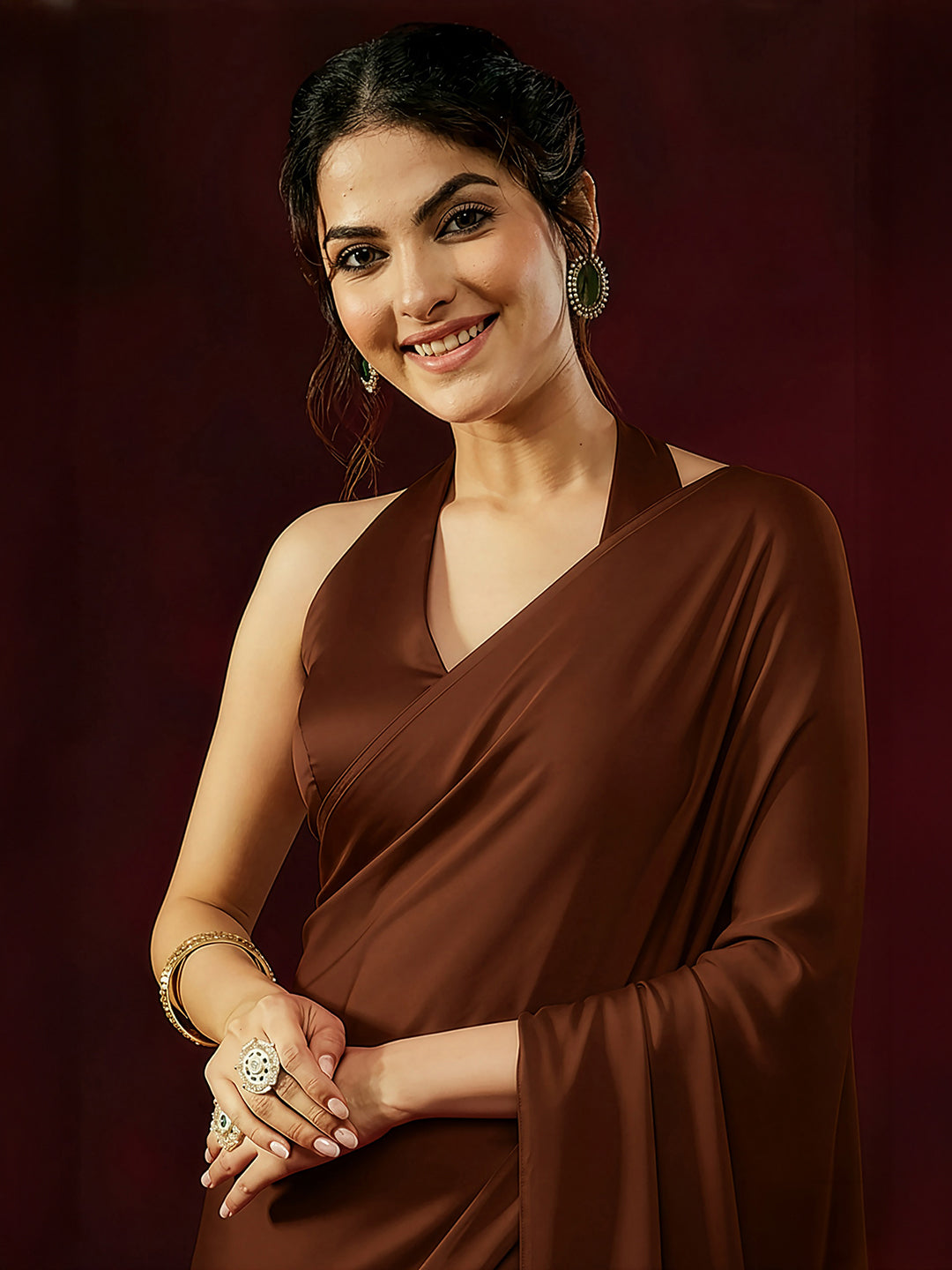 Janasya Women's Rust Satin One-Minute Ready-to-Wear Saree with Unstitched Blouse