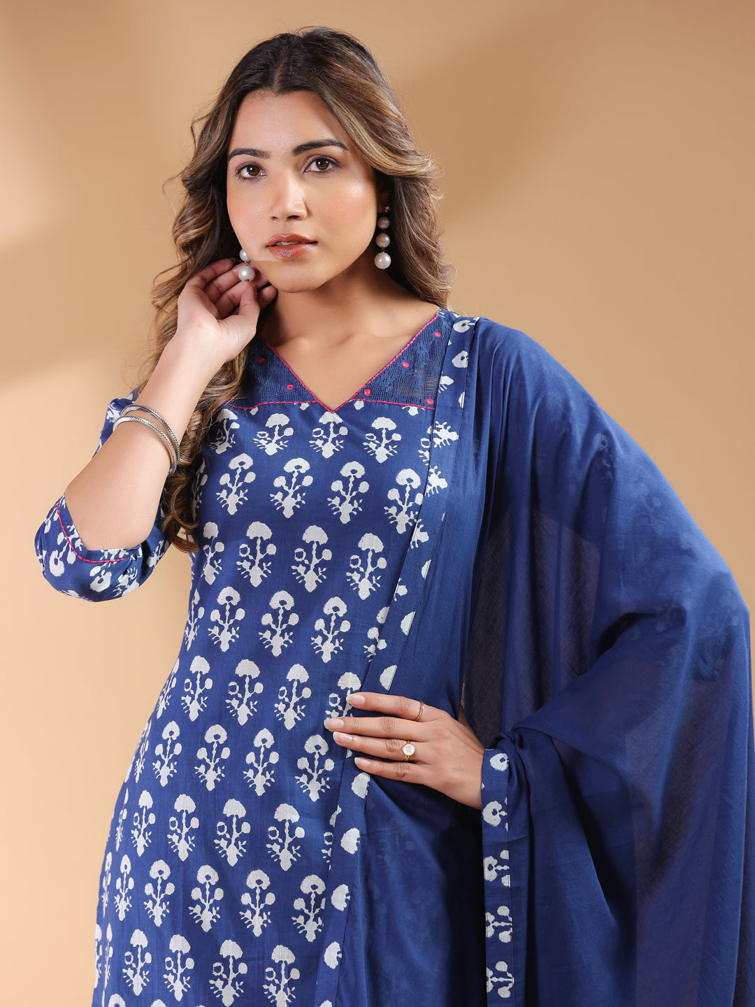 Navy Blue Pure Cotton Ethnic Motifs Printed Straight Kurta Set