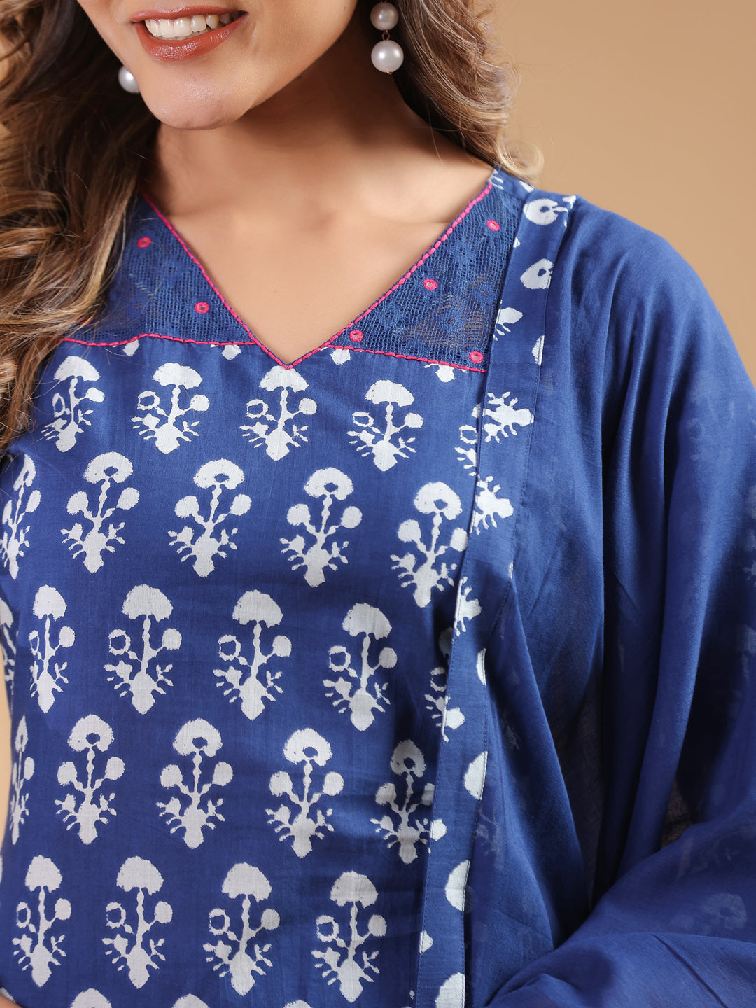 Navy Blue Pure Cotton Ethnic Motifs Printed Straight Kurta Set