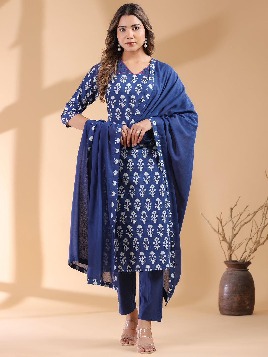 Navy Blue Pure Cotton Ethnic Motifs Printed Straight Kurta Set