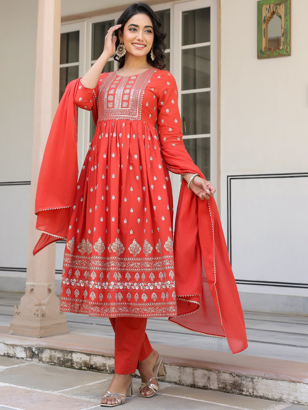 Red Pure Cotton Foil Printed Yoke Design A-line Kurta Pant With Dupatta Set