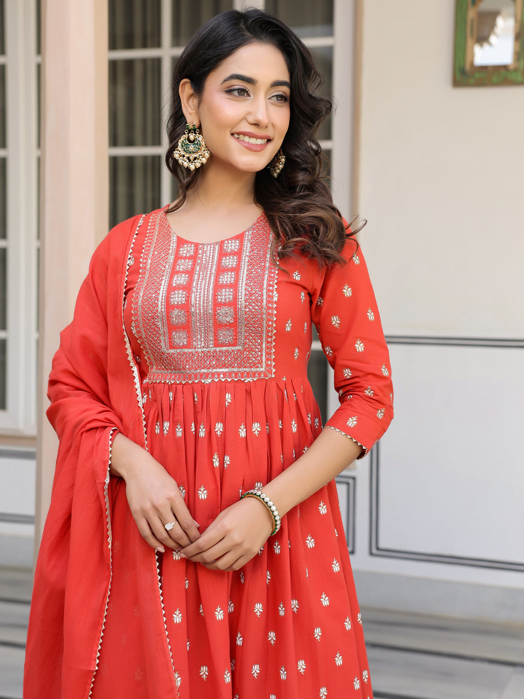 Red Pure Cotton Foil Printed Yoke Design A-line Kurta Pant With Dupatta Set