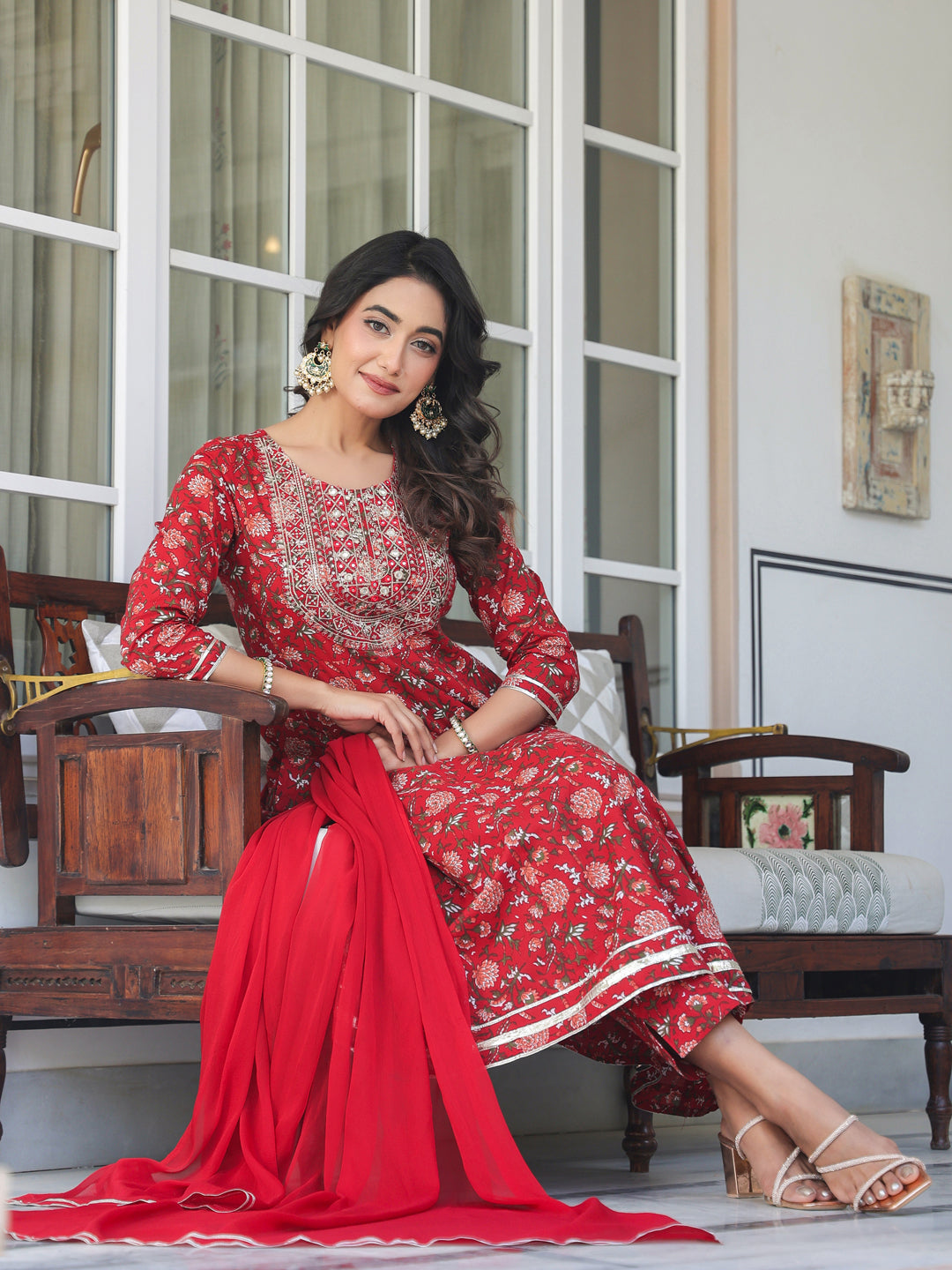 Red Pure Cotton Floral Printed Yoke Embroidered A-line Kurta Set