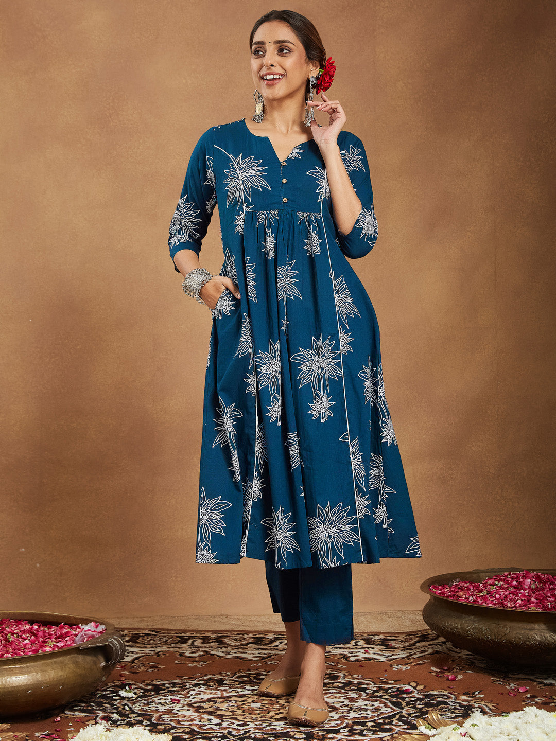 Janasya Women's Teal Blue Pure Cotton Floral Printed A-line Kurta Set