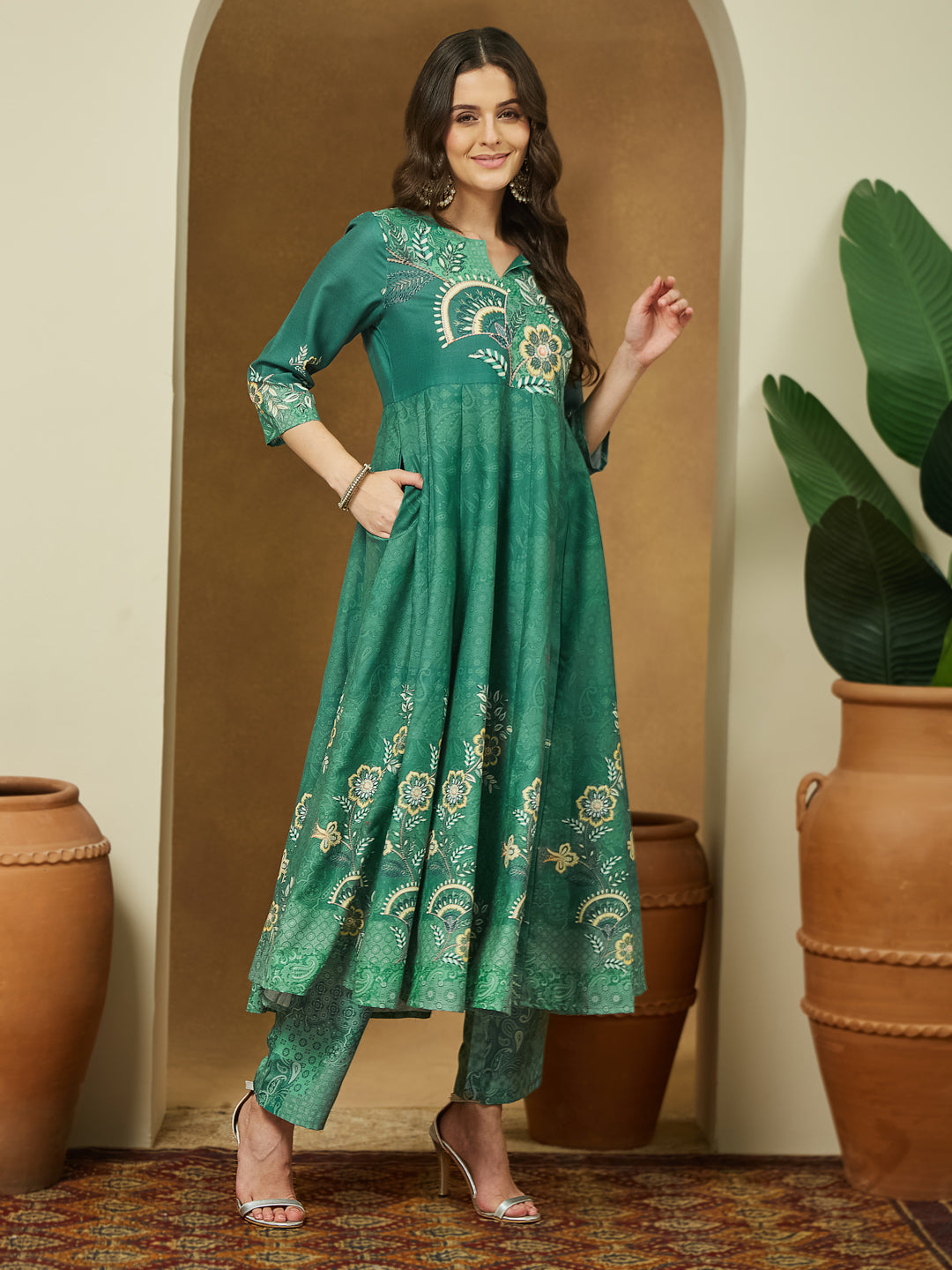 Janasya Women's Sage Green Cotton Blend Floral Printed Anarkali Kurta Set
