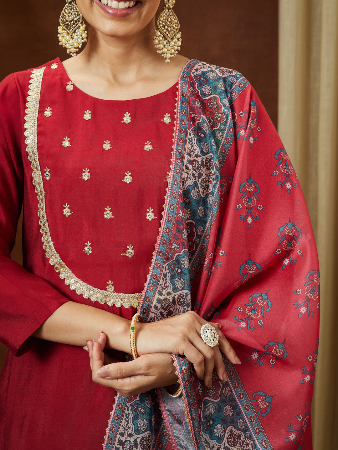 Janasya Women's Maroon Chanderi Silk Yoke Embroidered Straight Kurta Set