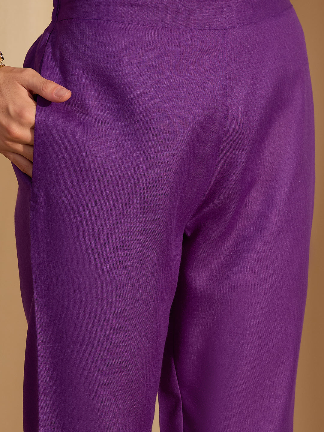 Janasya Women's Purple Cotton Blend Solid Straight Kurta Set with Printed Jacquard Dupatta