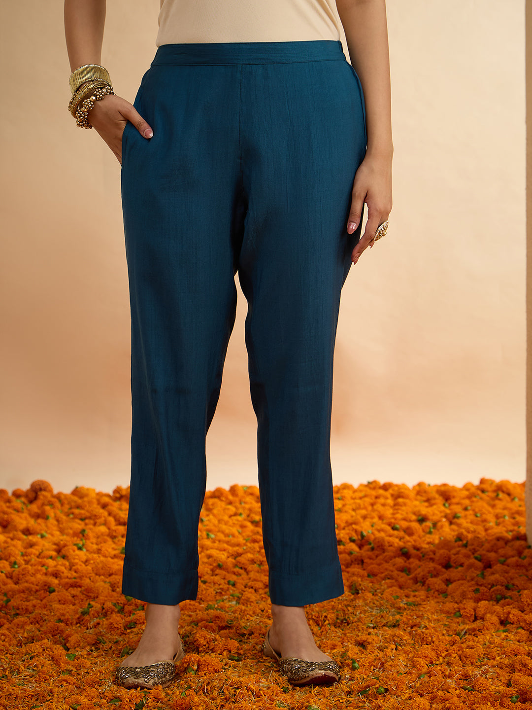 Janasya Women's Teal Blue Silk Blend Floral Zari Embroidered Straight Kurta Set