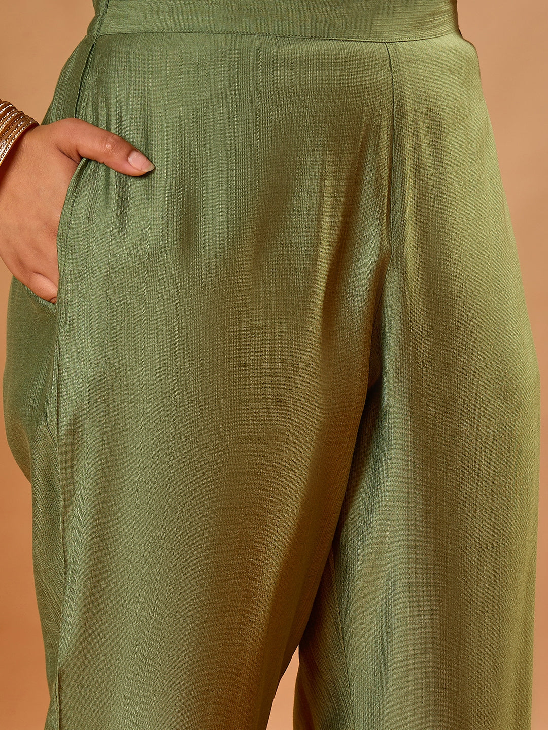 Janasya Women's Sage Green Silk Blend Embroidered Straight Kurta Set