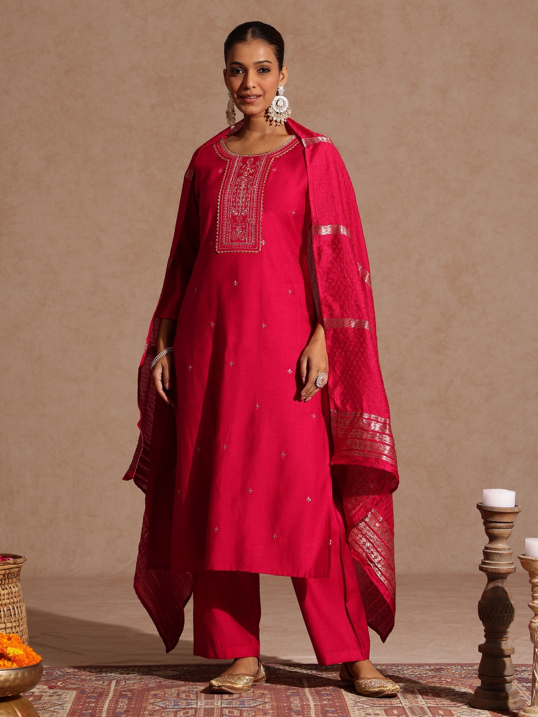 Janasya Women's Pink Silk Blend Floral Zari Embroidered Straight Kurta Set