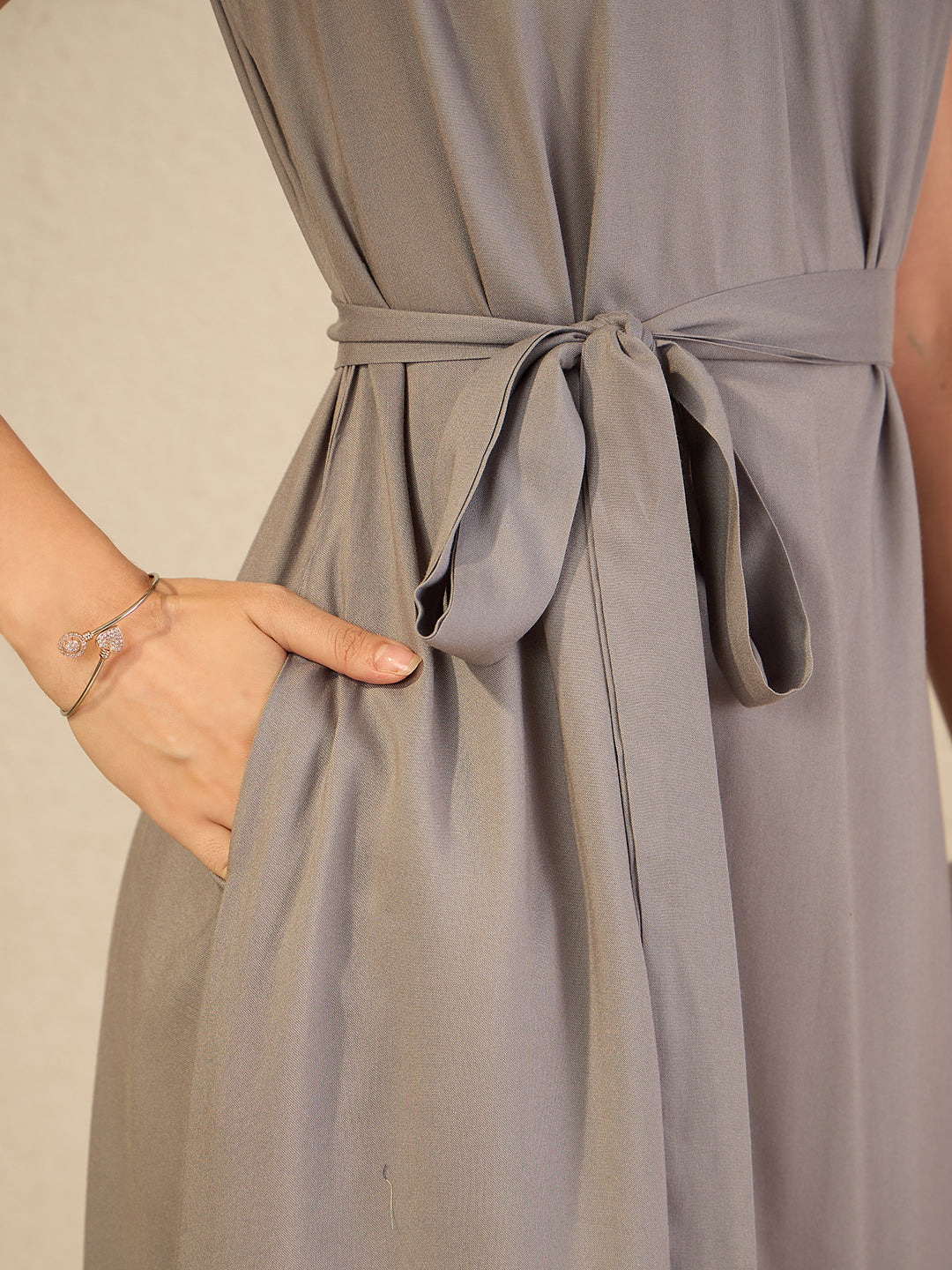 Janasya Women's Grey Rayon Solid Fit & Flare Dress
