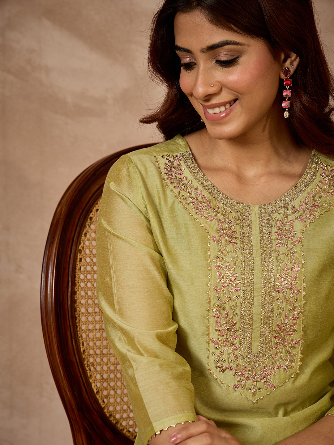 Janasya Women's Mint Green Mull Chanderi Yoke Embroidered Straight Kurta