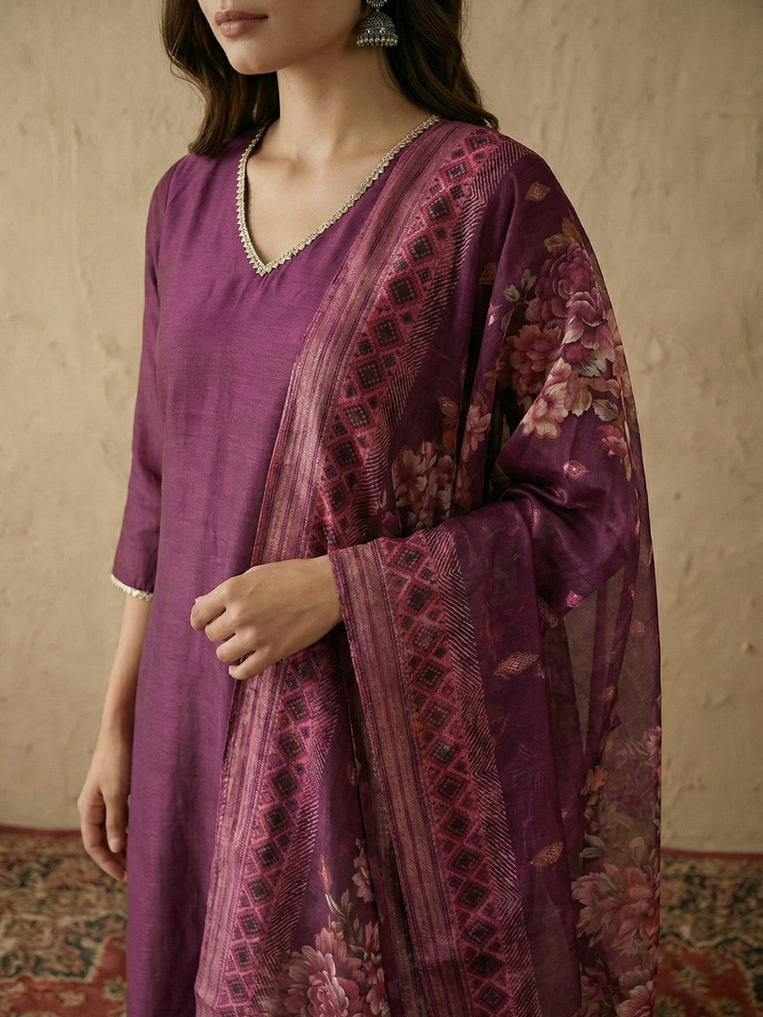 Janasya Women's Wine Silk Blend Straight Kurta Set With Printed Dupatta