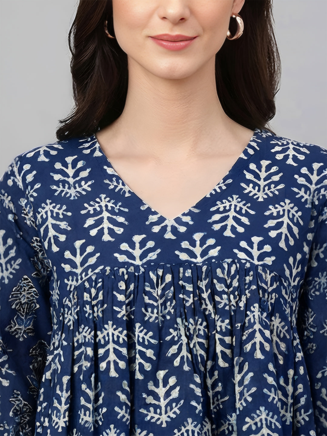 Janasya Women's Blue Pure Cotton Ethnic Motifs Printed A-Line Top
