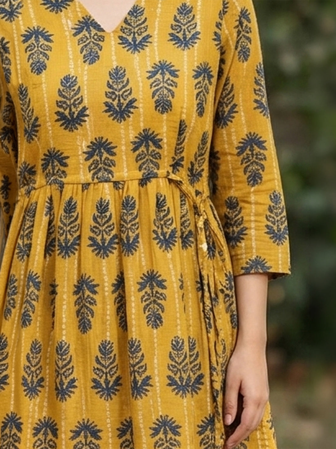 Janasya Women's Mustard Pure Cotton Floral Printed A-Line Tunic