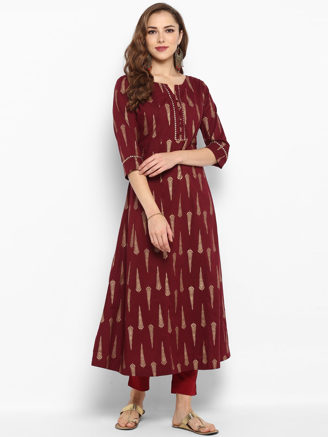 Maroon Cotton Foil Print A-line Kurta Janasya