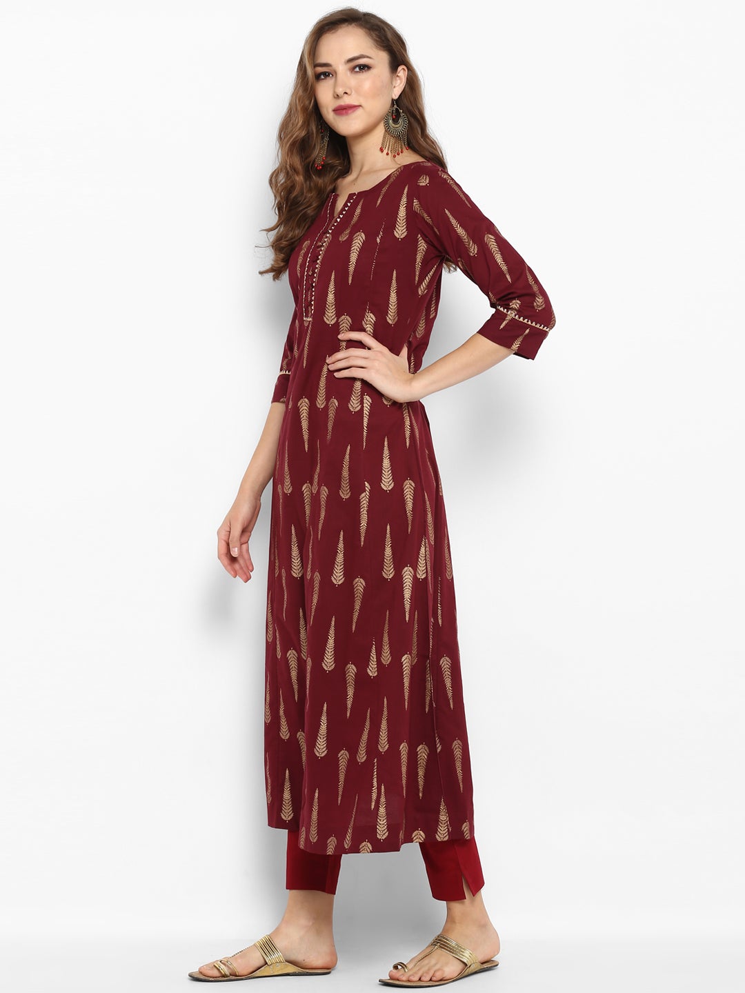 Maroon Cotton Foil Print A-line Kurta Janasya