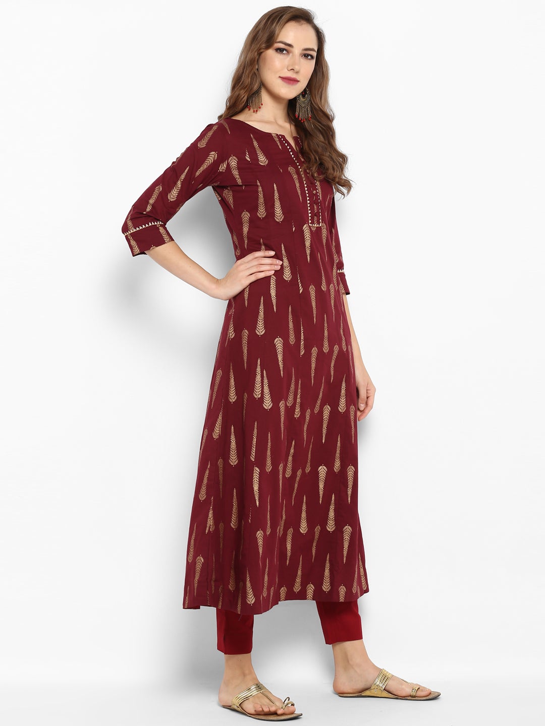 Maroon Cotton Foil Print A-line Kurta Janasya
