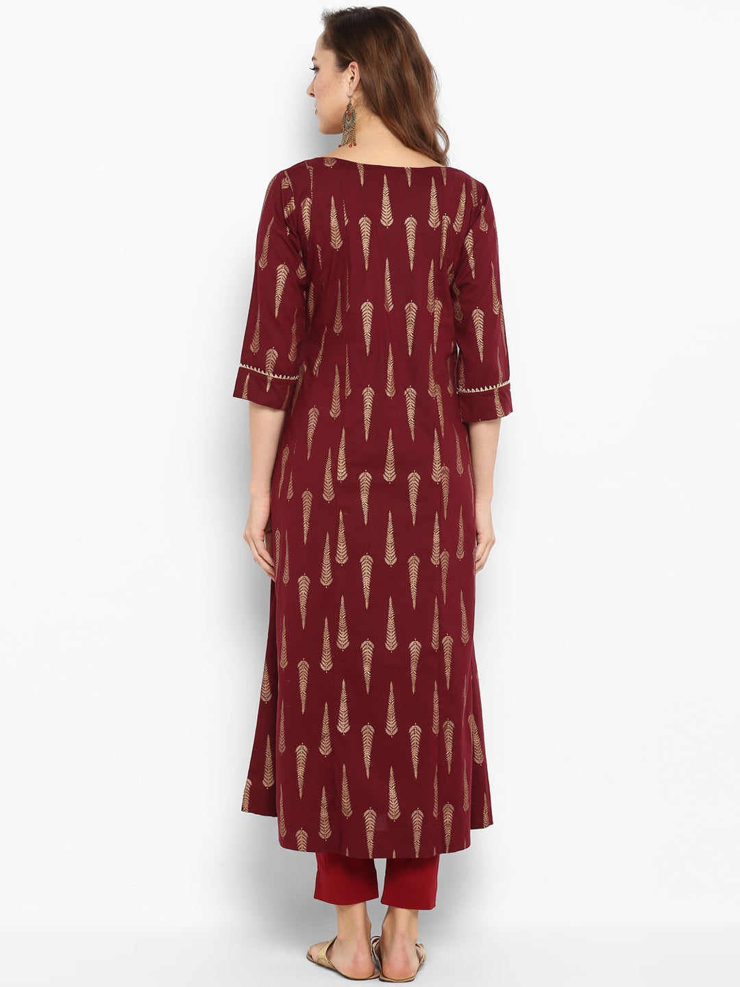 Maroon Cotton Foil Print A-line Kurta Janasya