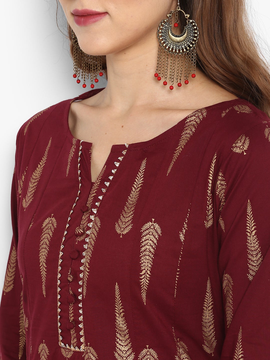 Maroon Cotton Foil Print A-line Kurta Janasya