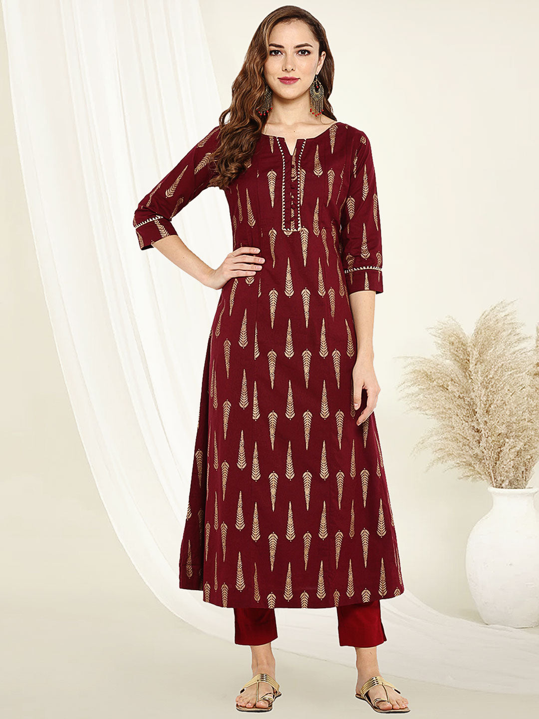Maroon Cotton Foil Print A-line Kurta Janasya