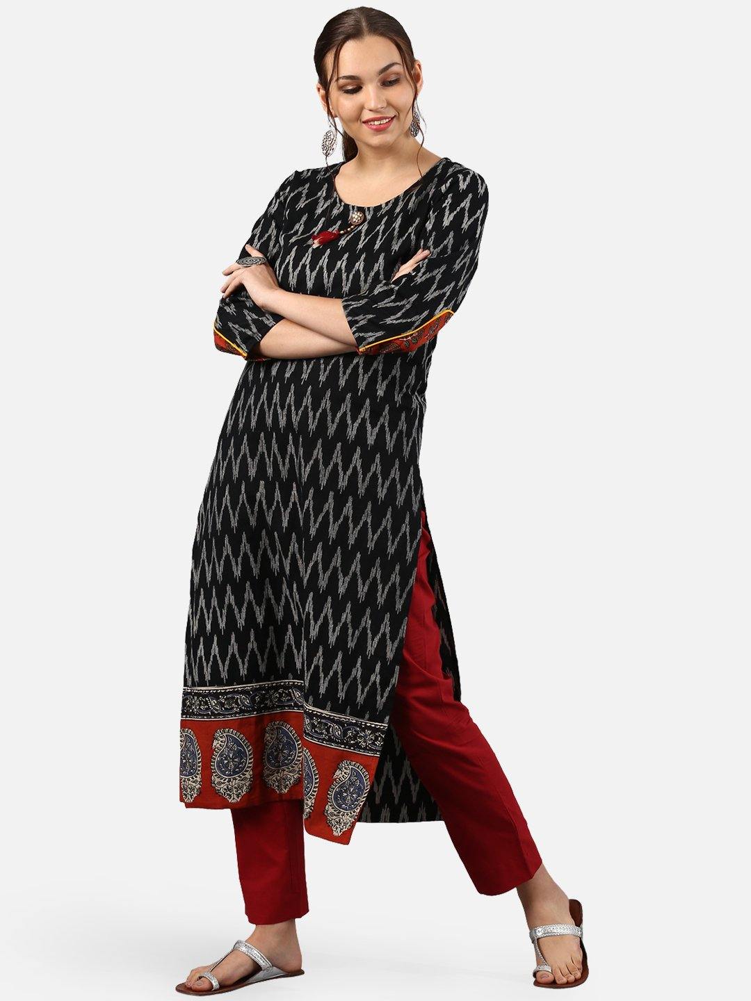 Black Cotton Ikat Straight Kurta Janasya