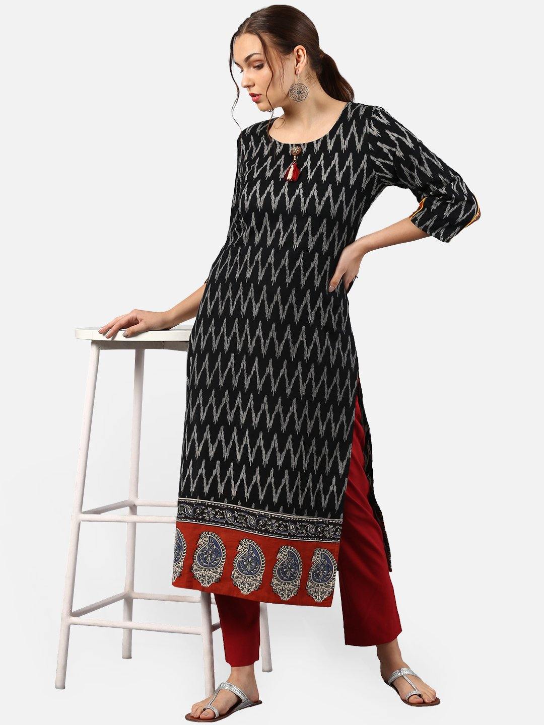 Black Cotton Ikat Straight Kurta Janasya