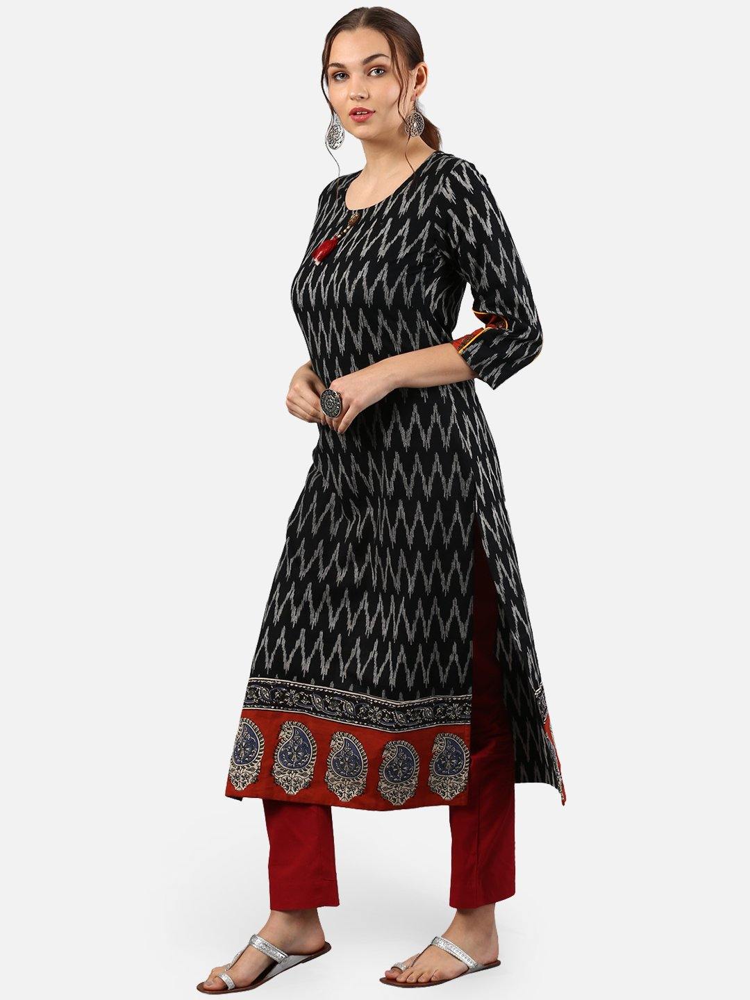 Black Cotton Ikat Straight Kurta Janasya