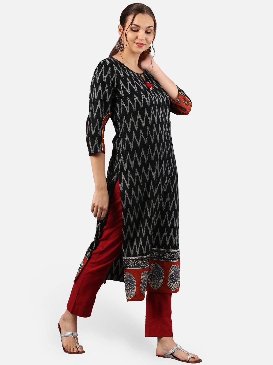 Black Cotton Ikat Straight Kurta Janasya