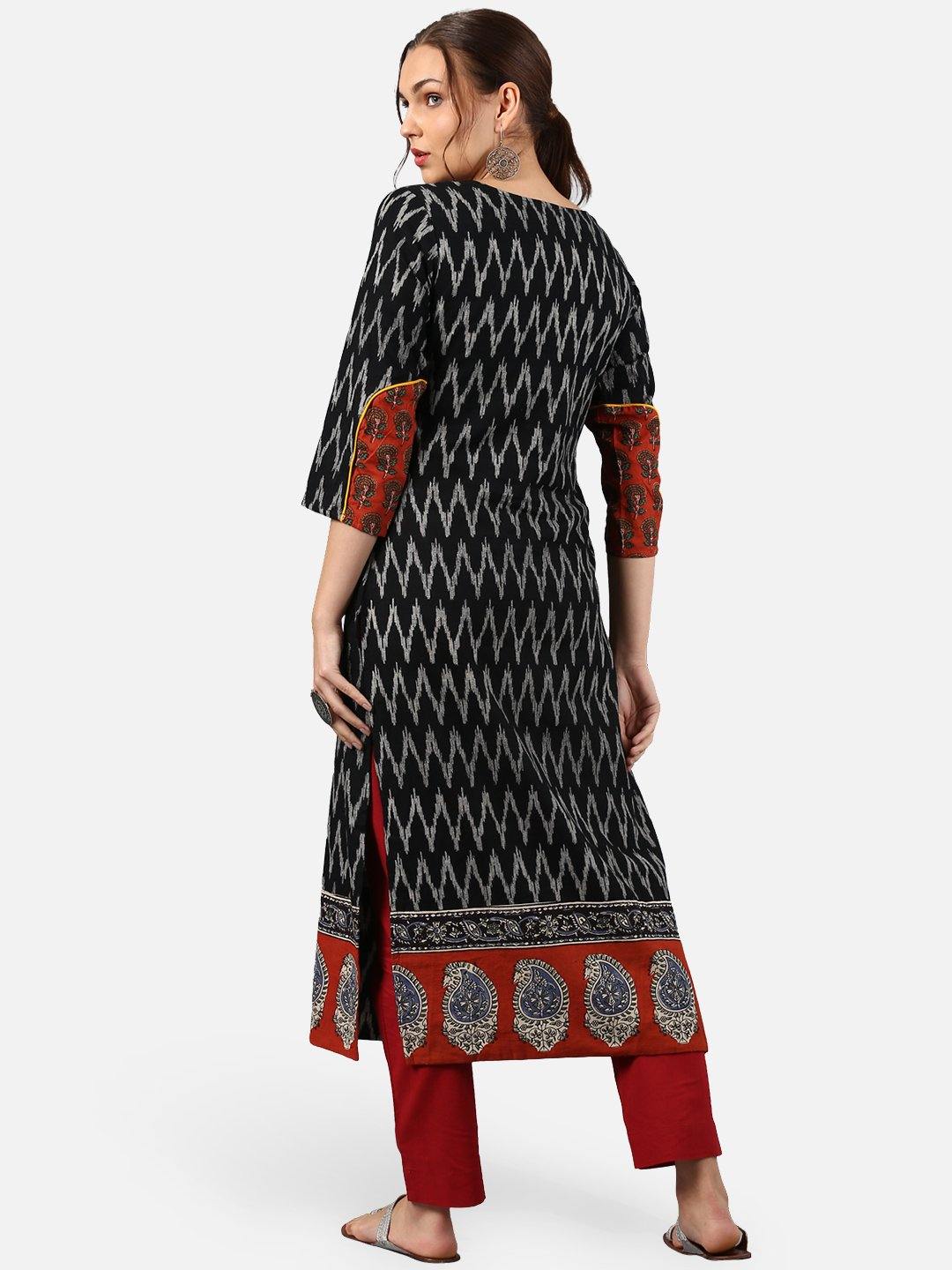 Black Cotton Ikat Straight Kurta Janasya