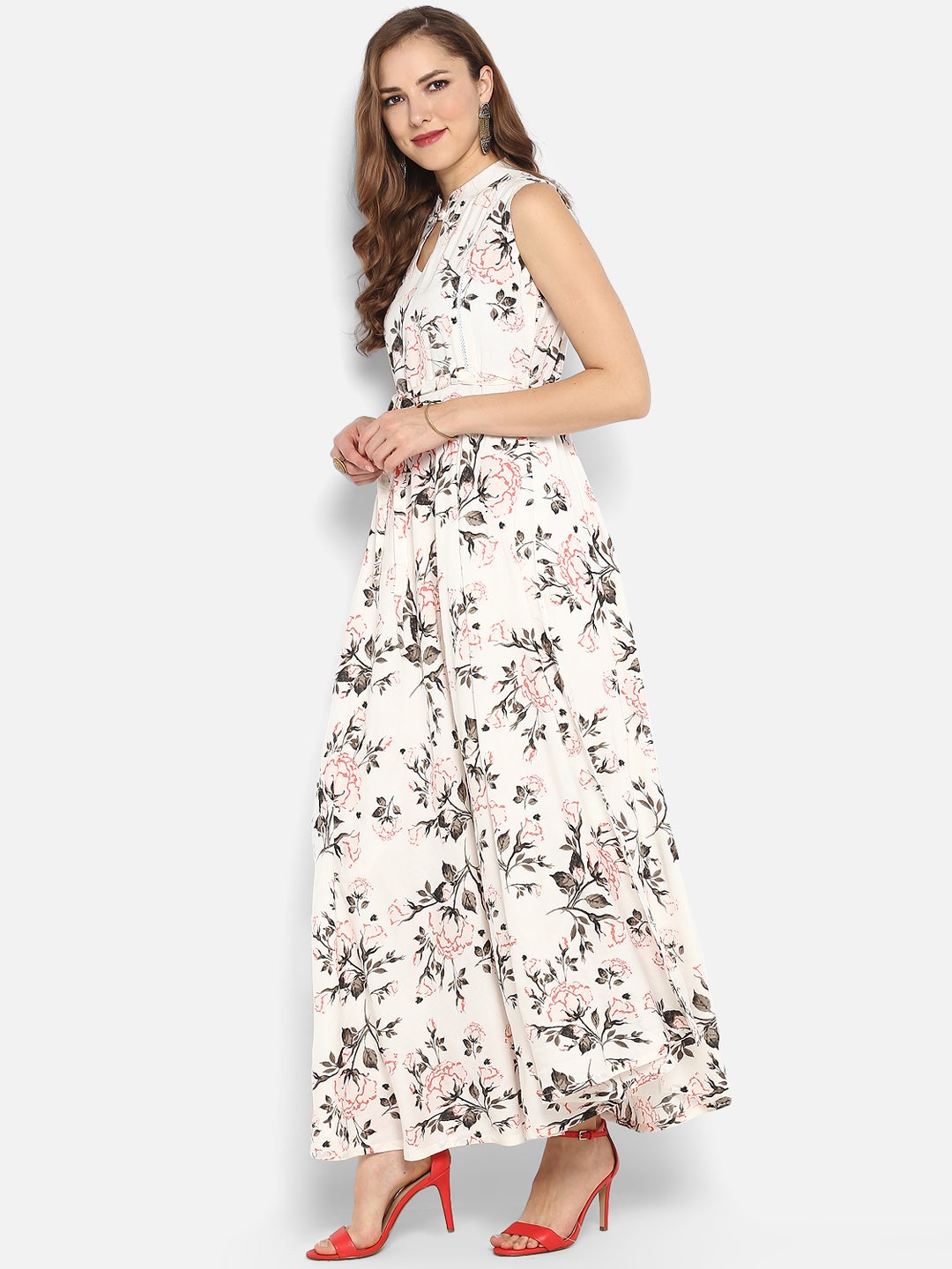White Rayon Floral Print Gown Kurta Janasya