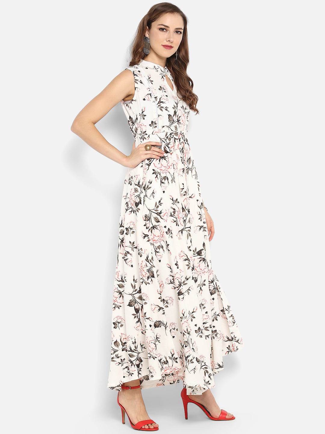 White Rayon Floral Print Gown Kurta Janasya
