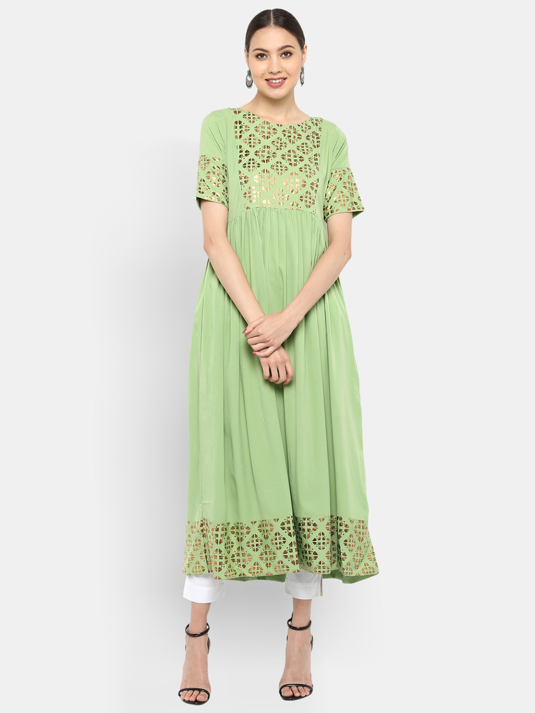 Light Green Poly Crepe Gold Print Flared Kurta Janasya-Change