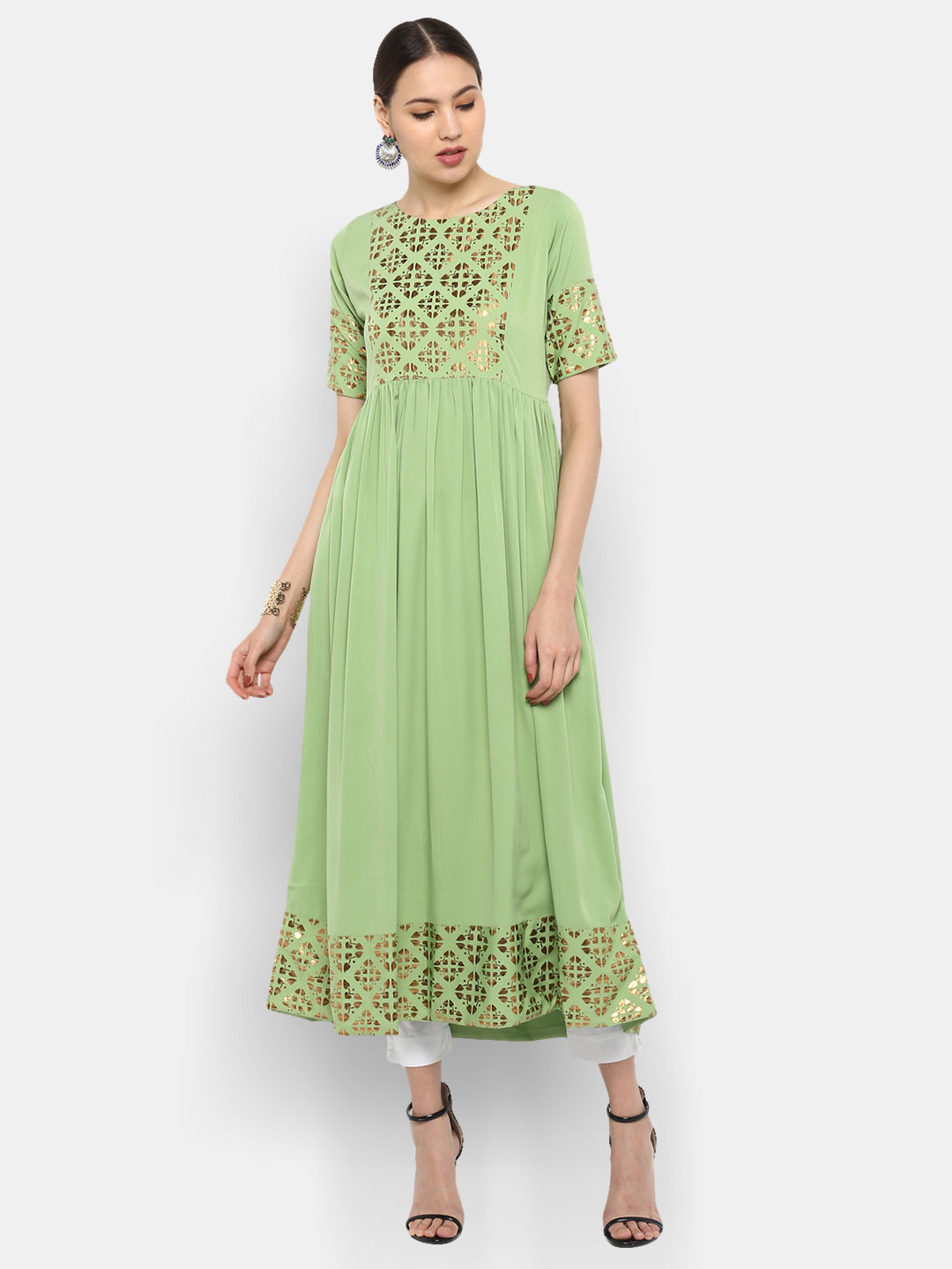 Light Green Poly Crepe Gold Print Flared Kurta Janasya-Change