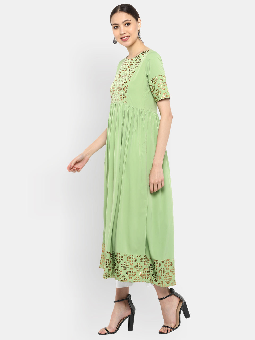 Light Green Poly Crepe Gold Print Flared Kurta Janasya-Change