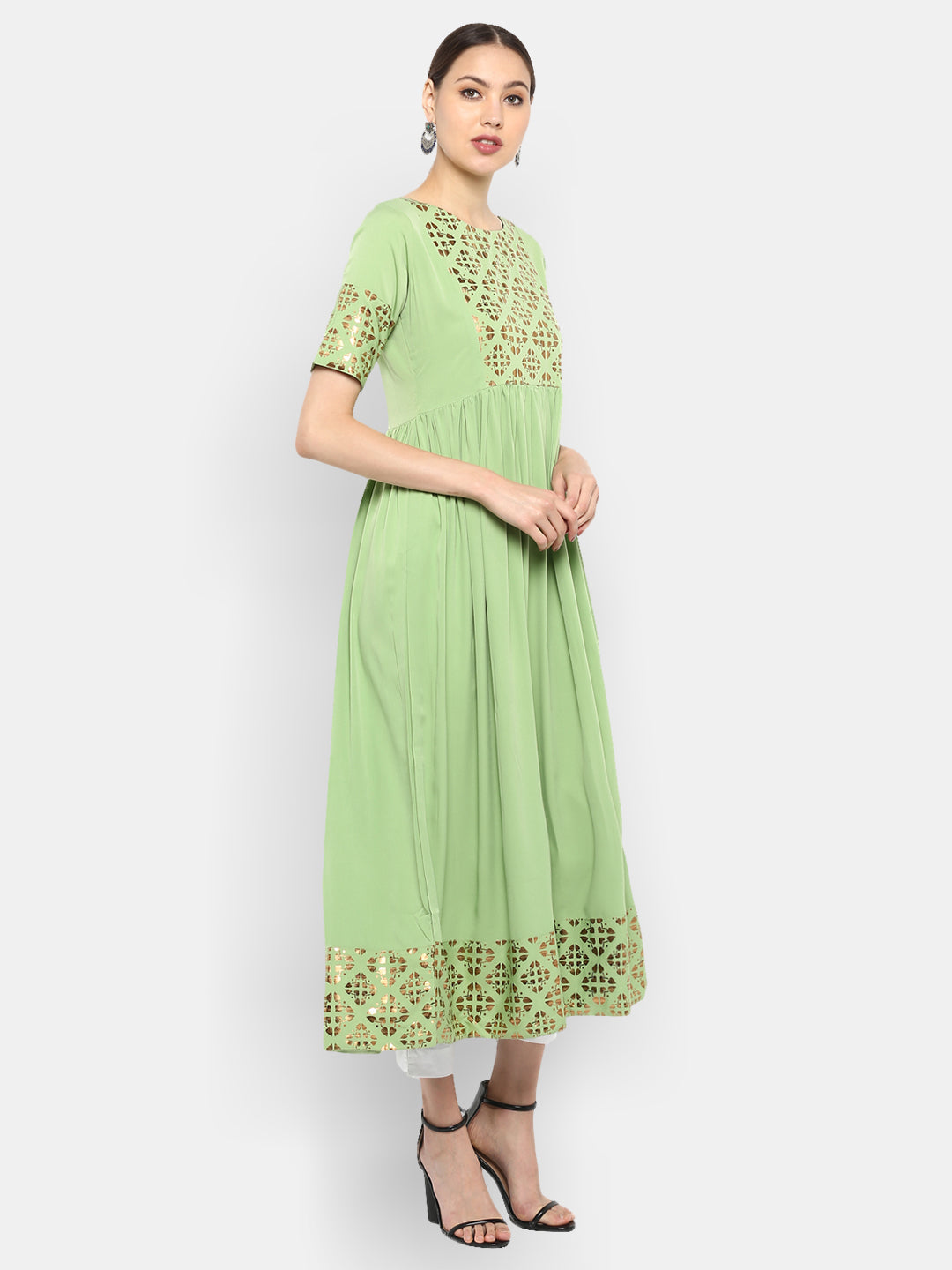 Light Green Poly Crepe Gold Print Flared Kurta Janasya-Change