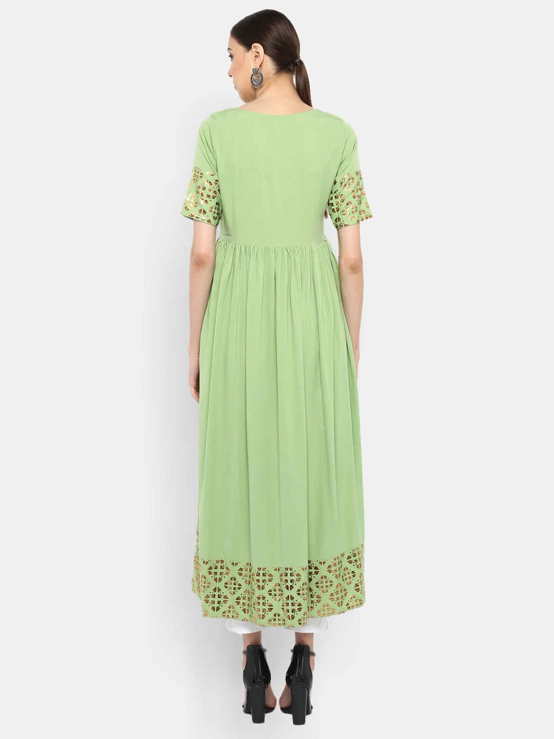 Light Green Poly Crepe Gold Print Flared Kurta Janasya-Change