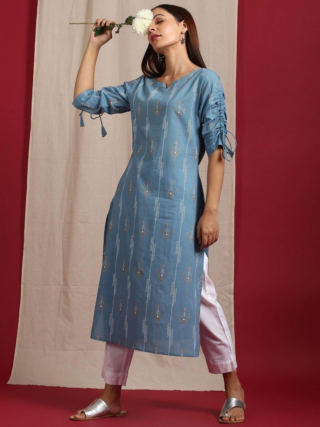 Turquoise Blue Cotton Ethnic Motifs Straight Kurta Janasya