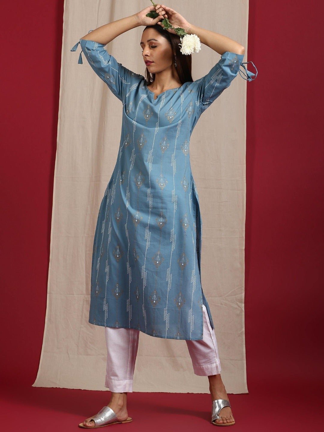 Turquoise Blue Cotton Ethnic Motifs Straight Kurta Janasya