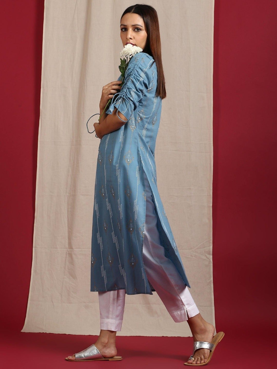 Turquoise Blue Cotton Ethnic Motifs Straight Kurta Janasya