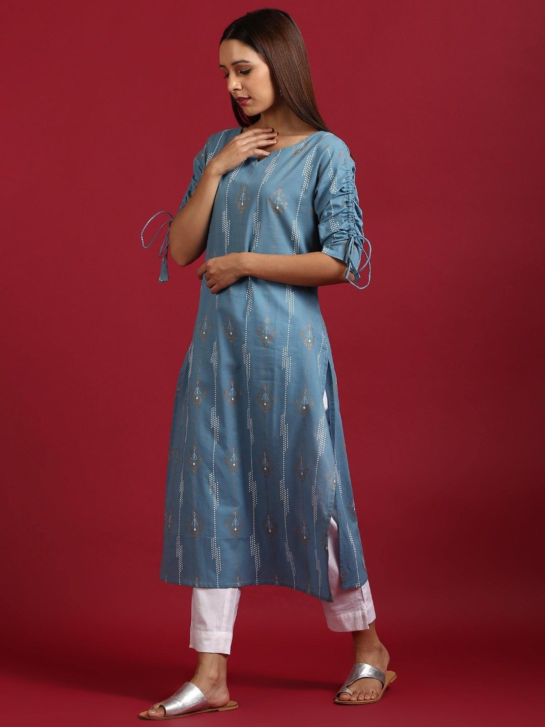 Turquoise Blue Cotton Ethnic Motifs Straight Kurta Janasya