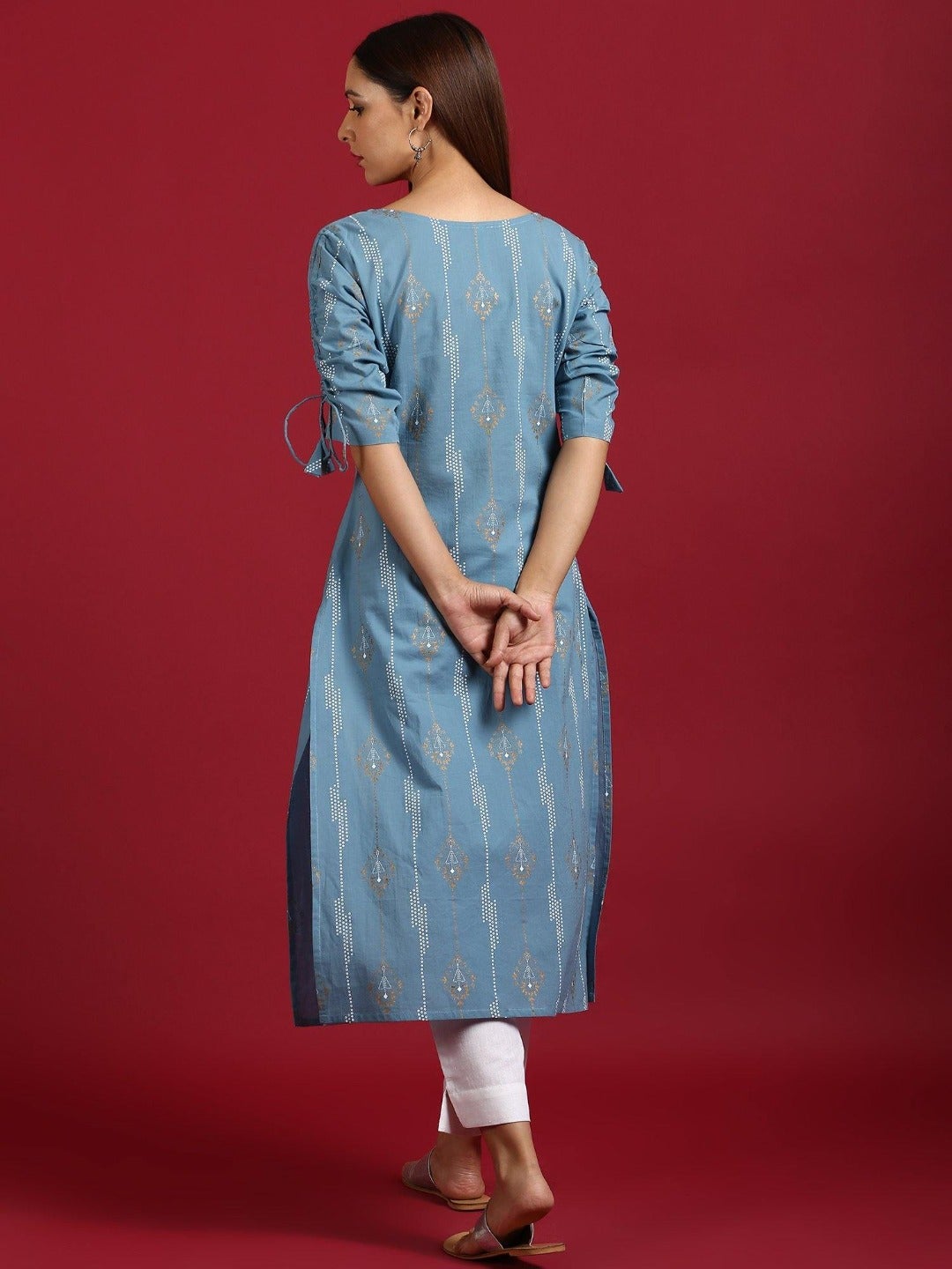 Turquoise Blue Cotton Ethnic Motifs Straight Kurta Janasya