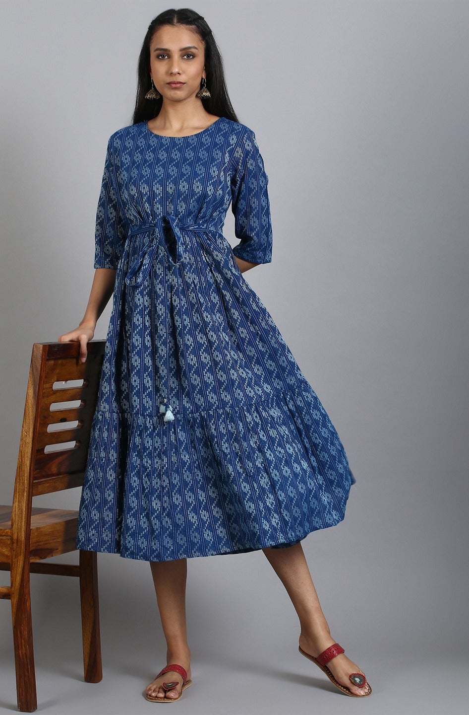 Blue Cotton Woven Design Flared Western Dress Janasya
