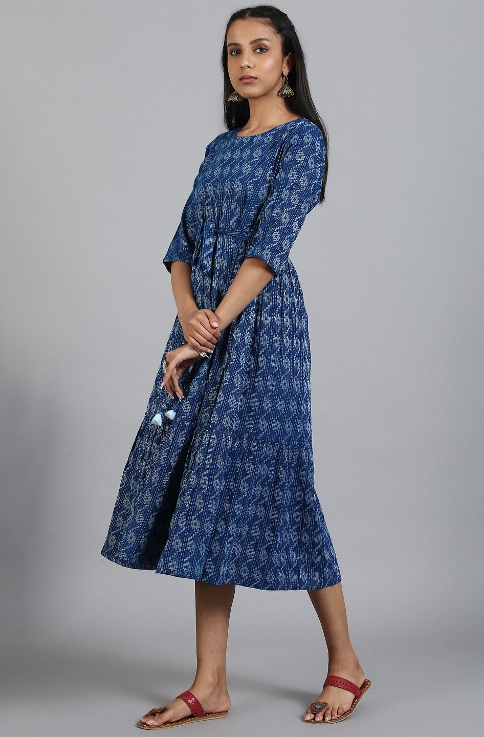 Blue Cotton Woven Design Flared Western Dress Janasya