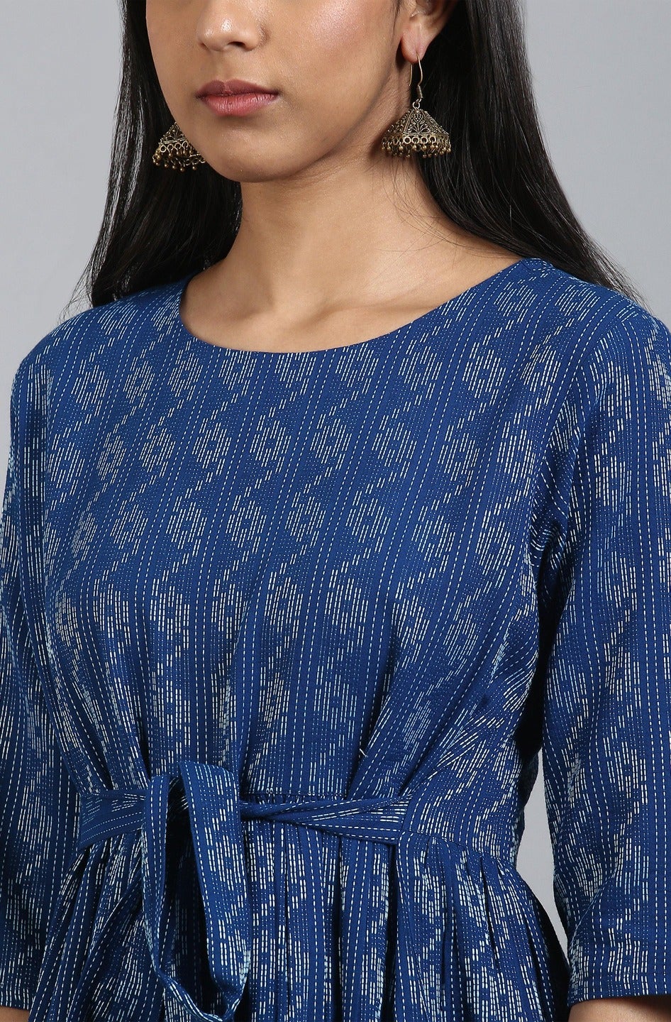 Blue Cotton Woven Design Flared Western Dress Janasya
