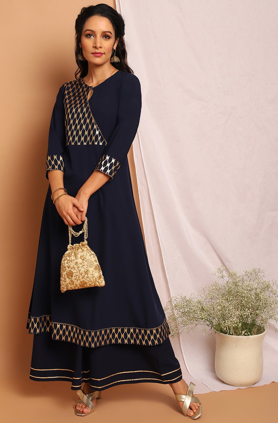 Navy Blue Poly Crepe Ethnic Motifs Flared Kurta Janasya